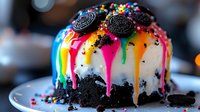 Colorful dripping icing flows down white frosted cake decorated with chocolate sandwich cookies, black sprinkles and rainbow candy drips creating festive dessert.