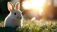 Adorable white bunny sitting in spring grass at sunset with golden bokeh lights and dewdrops, creating magical nature atmosphere for Easter designs.