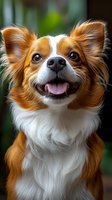 Smiling Papillon dog with brown and white fur looking at camera, close-up portrait showing happy expression and distinctive butterfly-like ears against blurred background.