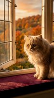 Fluffy Persian cat sitting on windowsill during golden hour with autumn foliage view through open window creating warm cozy atmosphere for home decor concepts.