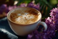 White ceramic cup of cappuccino with latte art foam pattern surrounded by blooming purple lilac flowers, creating romantic spring morning atmosphere.