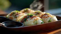 Fresh steamed Asian dumplings garnished with chives and chili flakes served on wooden plate with dipping sauce, close up view in natural lighting.