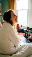 Happy woman in white robe having video call on laptop from bed during morning sunlight streaming through window for remote work or social connection.