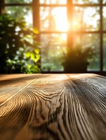 Rustic wooden table surface with natural wood grain texture in warm sunlight through window, green plants and bokeh background for product display.