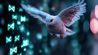 White dove in flight surrounded by glowing turquoise digital symbols against dark background, creating magical cyberpunk atmosphere for technology and innovation concepts.