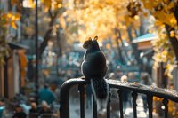 Curious squirrel sitting on wooden railing in autumn park with golden sunlight filtering through colorful fall foliage creating warm bokeh background.