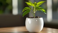 Young green plant growing in modern white ceramic pot on wooden table with soft natural lighting, suitable for home decor and interior design concepts.