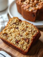 Homemade banana bread slice with walnuts and dried cranberries on wooden cutting board, freshly baked loaf cake for breakfast or snack time.