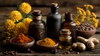 Natural herbal medicine ingredients with turmeric powder, essential oil bottles, dried flowers and spices on rustic wooden background for wellness.