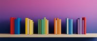 Colorful books arranged on wooden shelf against purple gradient background, suitable for education, library, and publishing design projects.