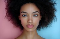 Young woman with dark skin tone and voluminous curly afro hair against split pink and blue background. Concept for beauty, skincare, cosmetics, and makeup applications.
