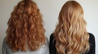 Long wavy hair comparison showing auburn red curls and blonde balayage styles from behind, demonstrating different natural hair textures and colors.
