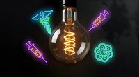 Vintage light bulb with glowing neon medical symbols including caduceus, syringes and virus icons on dark background for healthcare innovation concepts.