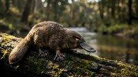 Wild otter resting on mossy log in natural forest habitat with sunlight filtering through trees creating peaceful wildlife scene.