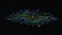 Digital circuit board pattern with colorful tech icons and data symbols on dark background for modern technology designs and presentations.