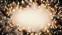 Festive holiday background with golden bokeh lights, frosted evergreen branches, and sparkling decorations framing a luminous center space for seasonal greetings and winter celebrations.
