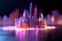 Futuristic cityscape with glowing neon skyscrapers reflected in water, featuring vibrant purple and blue lights creating magical urban nightscape atmosphere.
