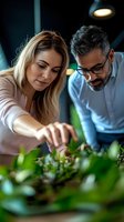 Business professionals examining green plants in modern office environment for sustainable workplace and eco-friendly corporate culture concepts.