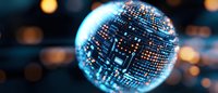 Glowing digital sphere with circuit board pattern and blue technology elements on dark background with bokeh lights, representing global connectivity.