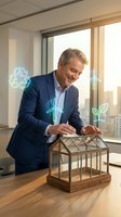 Middle-aged male professional in navy blazer examining miniature greenhouse model with glowing renewable energy icons, sustainable business concept for corporate environmental responsibility.