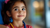 Young Hispanic girl with bright smile looking up dreamily, wearing colorful casual clothing against blurred background. Natural lighting highlights hopeful expression.