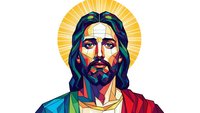 Religious figure with golden halo in colorful pop art style portrait isolated on white background for spiritual designs and faith-based projects.