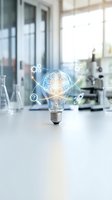Glowing light bulb with brain and innovation icons floating above laboratory table representing creative thinking and scientific breakthrough concepts.