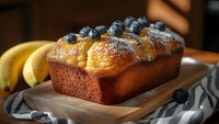 Fresh baked banana bread loaf topped with powdered sugar and fresh blueberries on wooden cutting board, warm morning light, cozy home baking atmosphere.