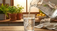 Fresh sparkling water being poured from glass pitcher into tumbler on wooden kitchen counter with herbs and citrus fruits in warm natural sunlight.