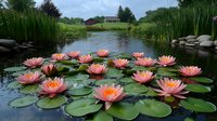 Pink water lilies floating on tranquil pond surface with green lily pads, natural stone edging, and rural landscape with barn and trees in background.