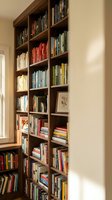 Wooden bookshelf filled with colorful books in organized home library interior with natural lighting for reading and study spaces.