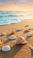 Seashells scattered on golden sand beach at sunset with gentle waves and warm pastel sky creating peaceful coastal scene for vacation and relaxation themes.
