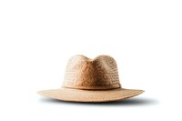Woven straw fedora hat with classic brim shape isolated on white background, ready for design use and commercial projects.