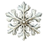 Elegant white snowflake ornament with intricate leaf-like patterns and central pearl detail, perfect for winter holiday designs.