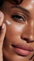 Close-up of woman with freckles applying cream under eye, showcasing glowing skin and natural makeup for beauty and skincare advertising.
