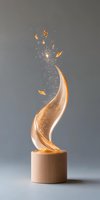 Elegant golden flame sculpture with sparkling particles rising from curved translucent form on cylindrical base against neutral gray background.