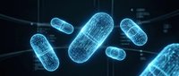 Glowing blue wireframe capsules floating in dark digital space with grid lines, pharmaceutical technology concept for medical research and drug development applications.