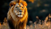 Majestic male lion with golden mane illuminated by warm sunset light, looking into distance against dark background with dried grass in foreground.