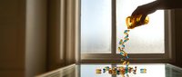 Pouring golden liquid with colorful cubes falling onto reflective surface near window with cityscape view, representing data flow, digital transformation, or creative process.