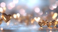 Glowing golden hearts with sparkles and bokeh lights on blurred background. Romantic festive composition for Valentine's Day, wedding or anniversary celebration.