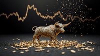 Golden bull figurine with textured surface standing on scattered coins against dark background with rising market chart and glowing particles.