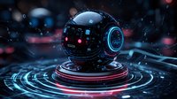 Futuristic black sphere with glowing blue and red neon rings floating above circular platform against dark background with particles and light effects.