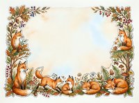 Autumn fox family border frame with woodland foliage, berries and leaves on neutral background for seasonal greeting cards and fall decorations.