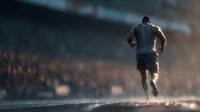 Athletic man running on wet pavement during golden hour with dramatic lighting and motion blur creating dynamic fitness scene for sports marketing.