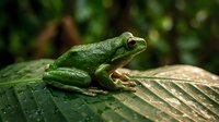 Small green tree frog sitting on tropical leaf in natural rainforest habitat with blurred forest background for wildlife and nature photography projects.