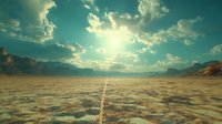 Dramatic desert landscape with sun rays piercing through clouds over cracked dry earth, mountains in background and vibrant turquoise sky creating surreal atmosphere.