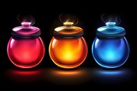 Glowing magical potion bottles in red, orange and blue colors on black background, luminous glass jars with mysterious liquid and steam effect for fantasy game design.