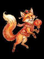 Festive fox character wearing traditional red and gold clothing, holding a decorative lantern, isolated on transparent background. Ready for t-shirt designs, clipart, stickers, and print-on-demand products.