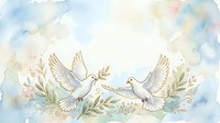 Two white doves perched on olive branches with delicate foliage, rendered in soft watercolor tones with pastel blue and cream washes, symbolizing peace and harmony for wedding, greeting card, and spiritual design projects.