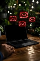 Laptop with glowing red email icons floating above screen on wooden desk with bokeh lights background. Creative digital communication concept.